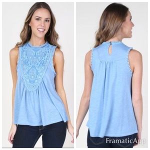 Altar’d State Blue Tank Top High Lace Neckline